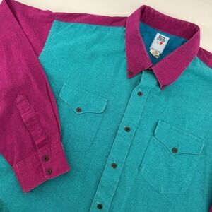 Vintage Silver Canyon Western Shirt Mens XL Teal Magenta Colorblock Made in USA